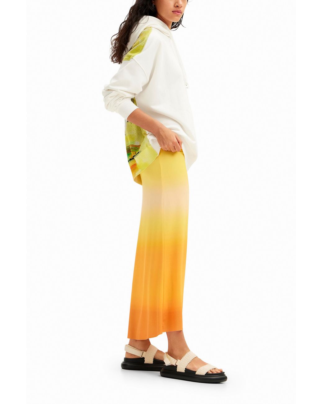 Desigual Yellow Dégradé Slip Midi Skirt, Polyester