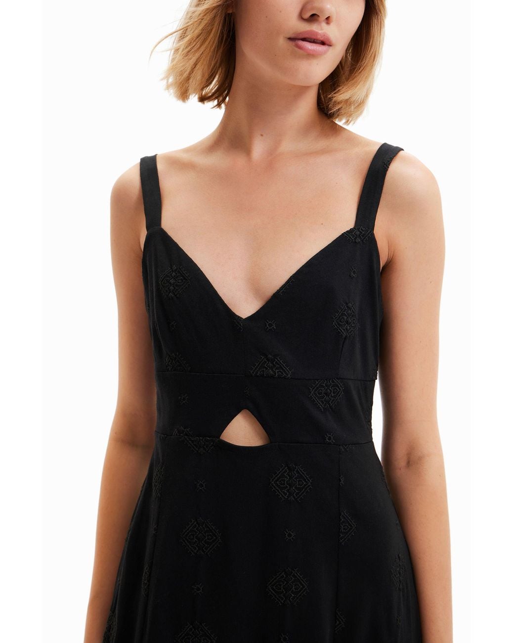 Desigual Black Embroidered Midi Dress, Cotton