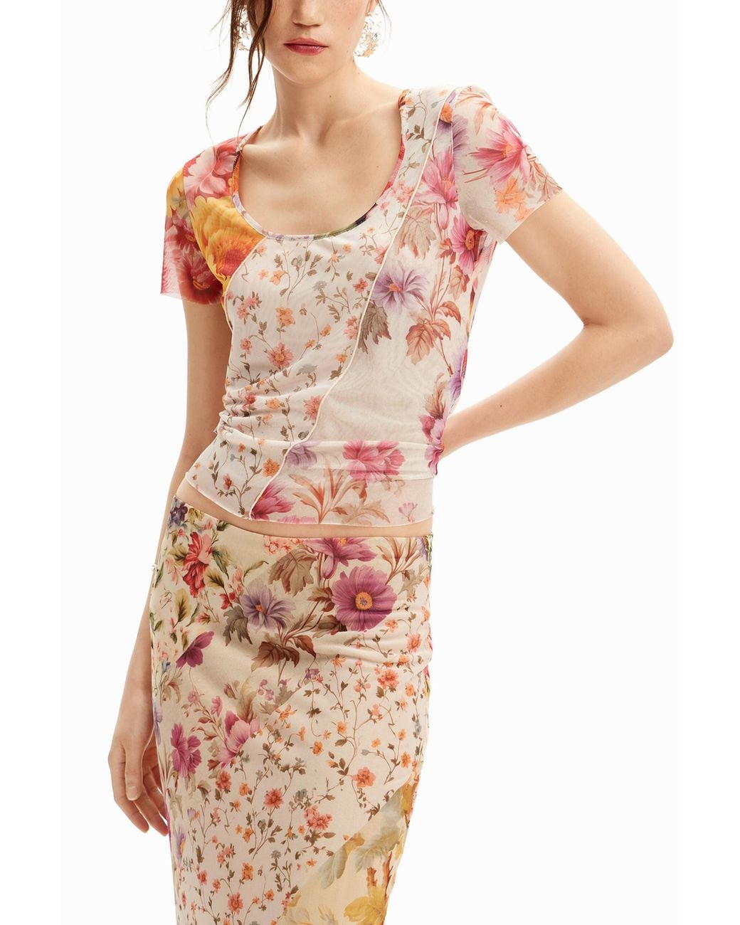 Desigual White Tulle Flower T-Shirt, Polyester
