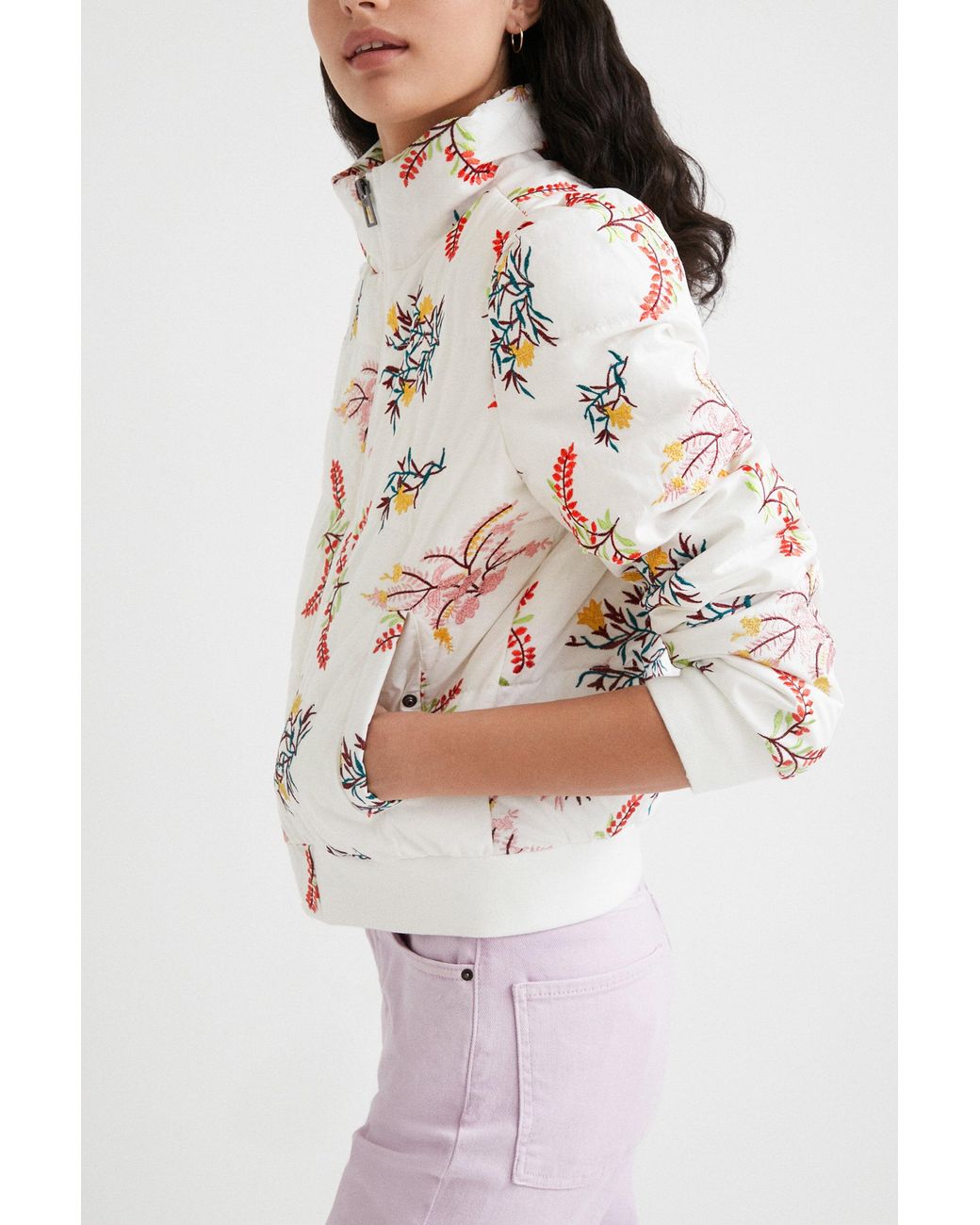 Desigual White Floral Quilted Jacket, Cotton