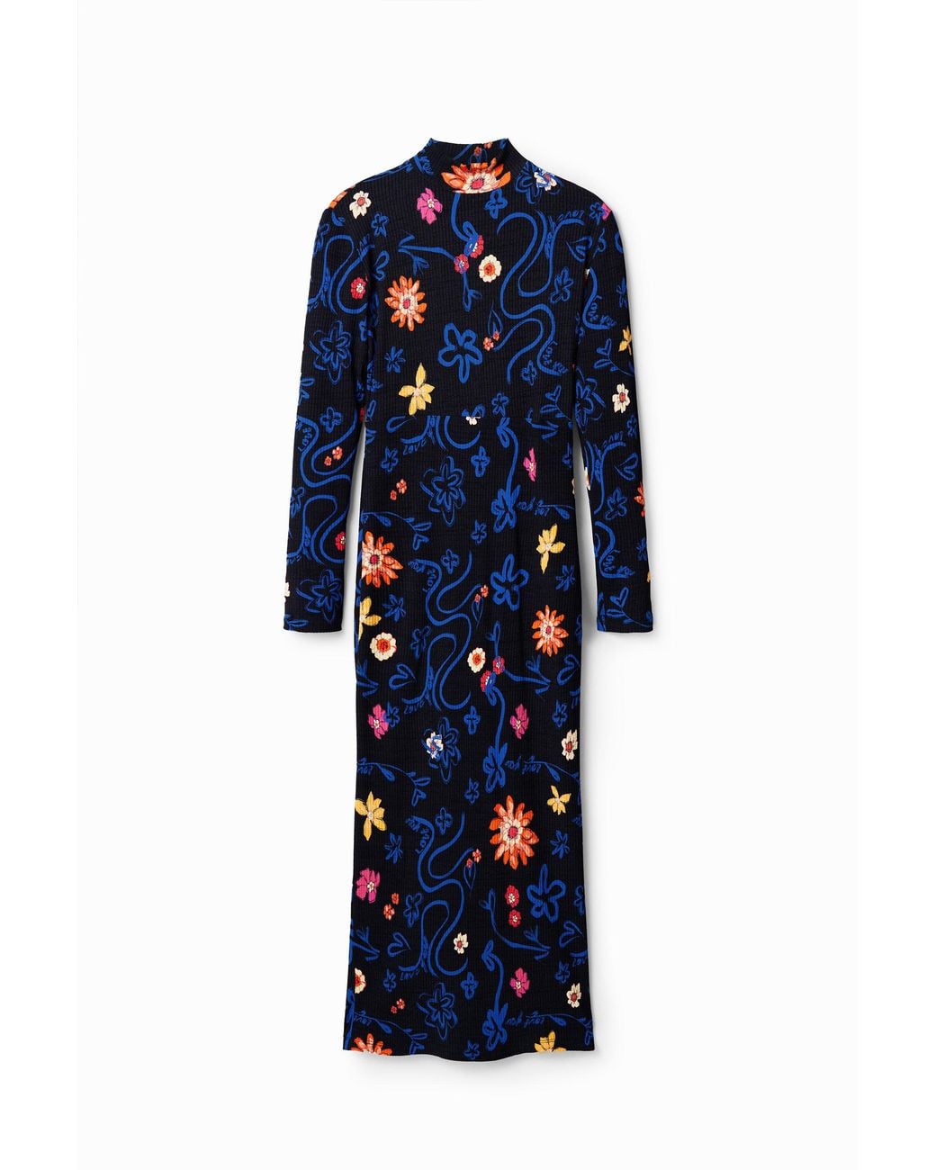 Desigual Blue Slim Floral Midi Dress, Viscose