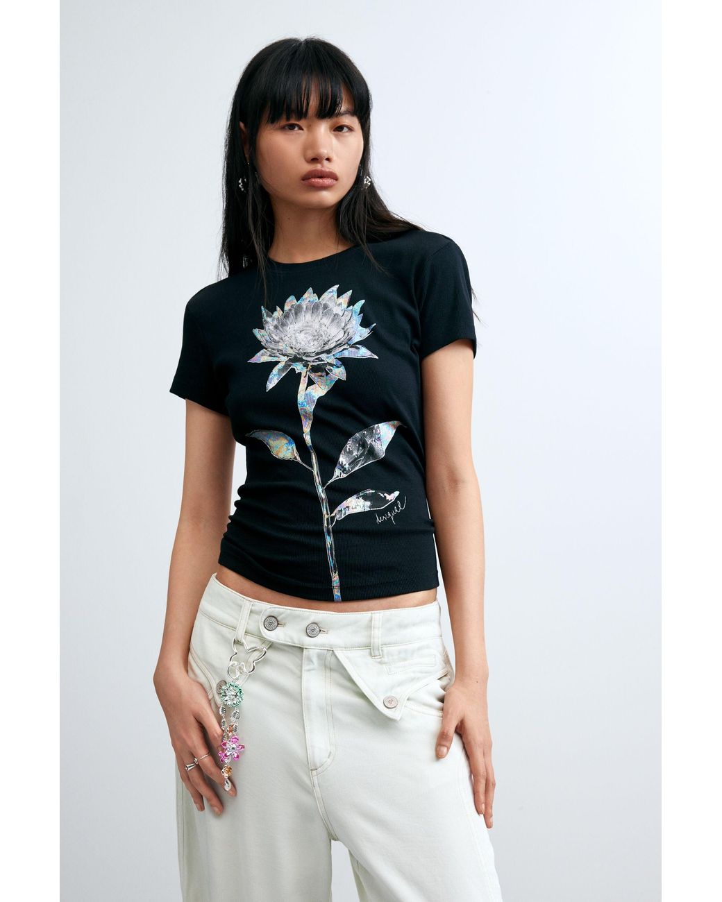 Desigual Black Floral Print T-Shirt, Cotton