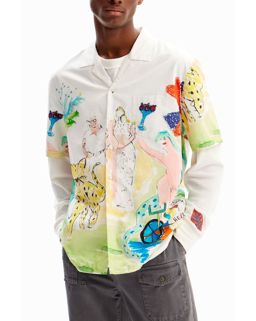 Desigual White Arty Resort Shirt, Cotton for men
