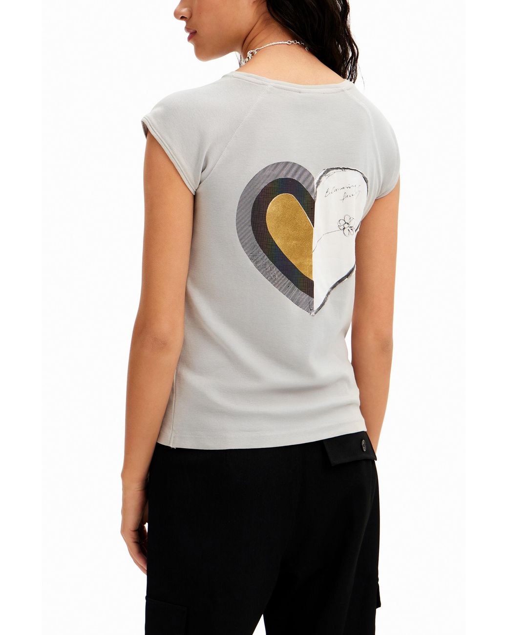 Desigual White Shiny Heart T-Shirt, Cotton