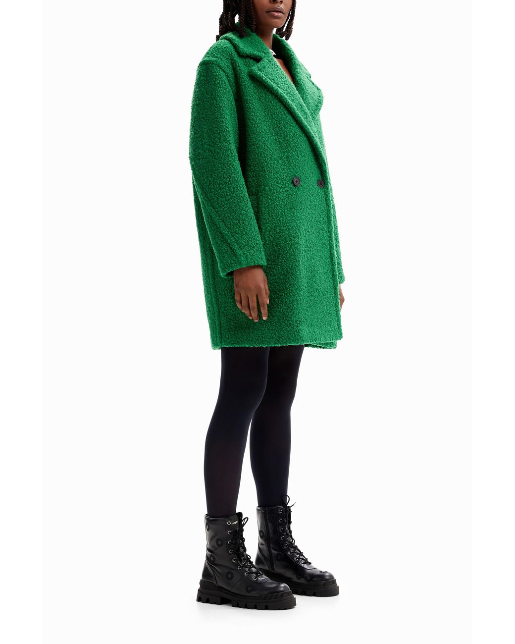 Desigual Green Double-Breasted Bouclé Coat, Polyester