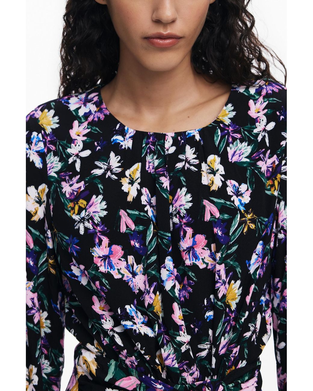 Desigual Blue Floral Knot Short Dress, Viscose