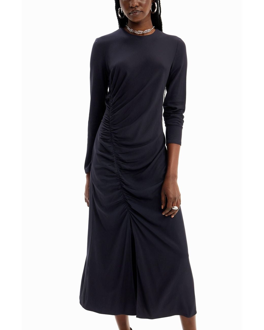 Desigual Blue Gathered Midi Dress, Viscose