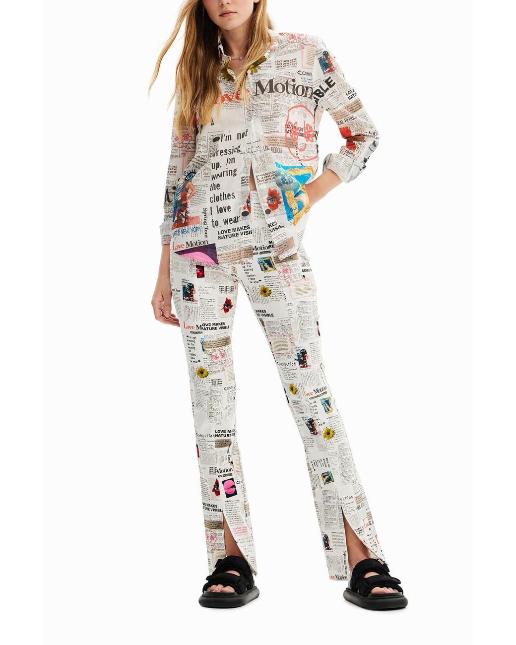 Desigual White Long-Sleeve Newspaper Shirt, Cotton