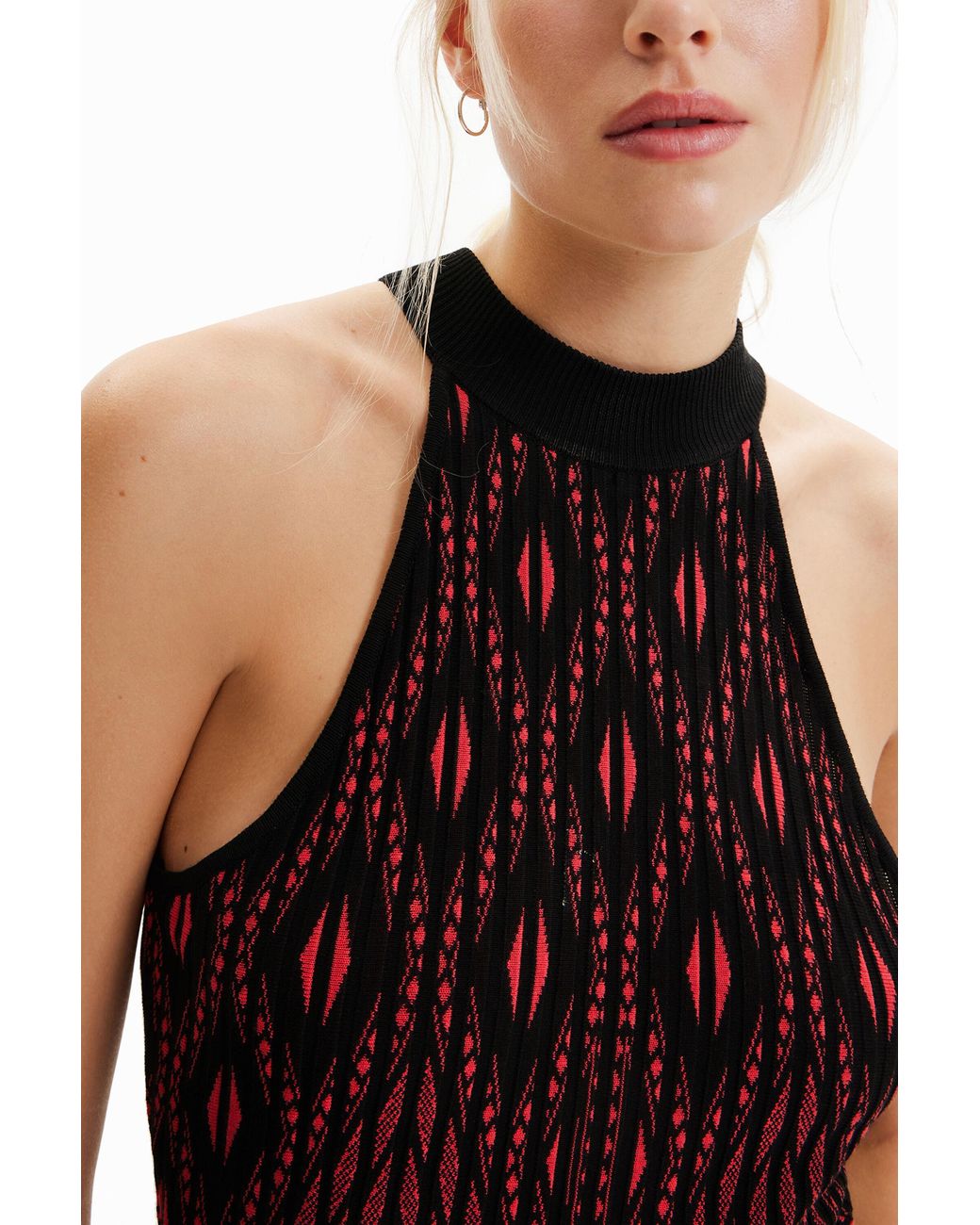 Desigual Red Short Geometric Knit Dress, Viscose