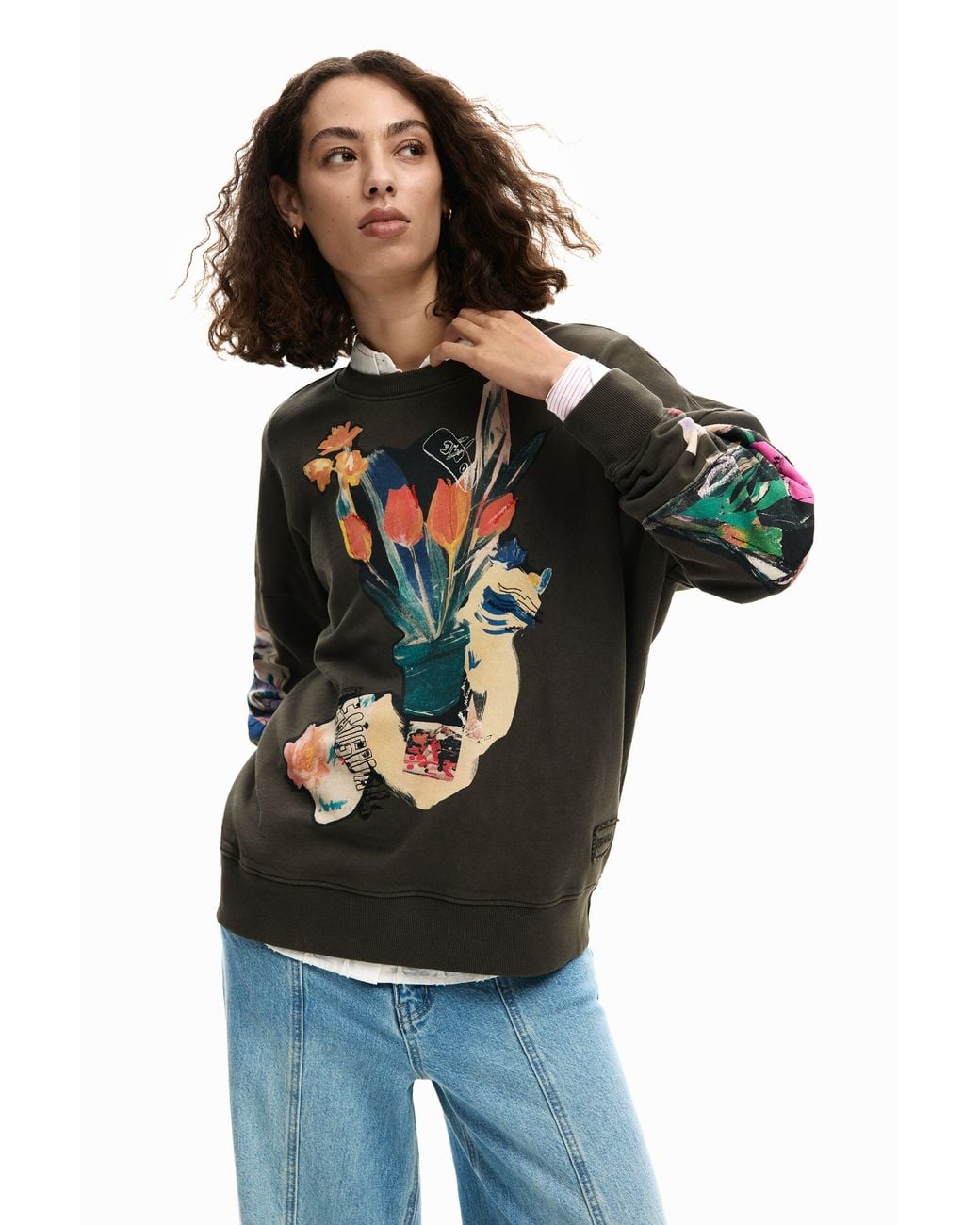 Desigual Black Sweatshirt Collage Drawing, Cotton