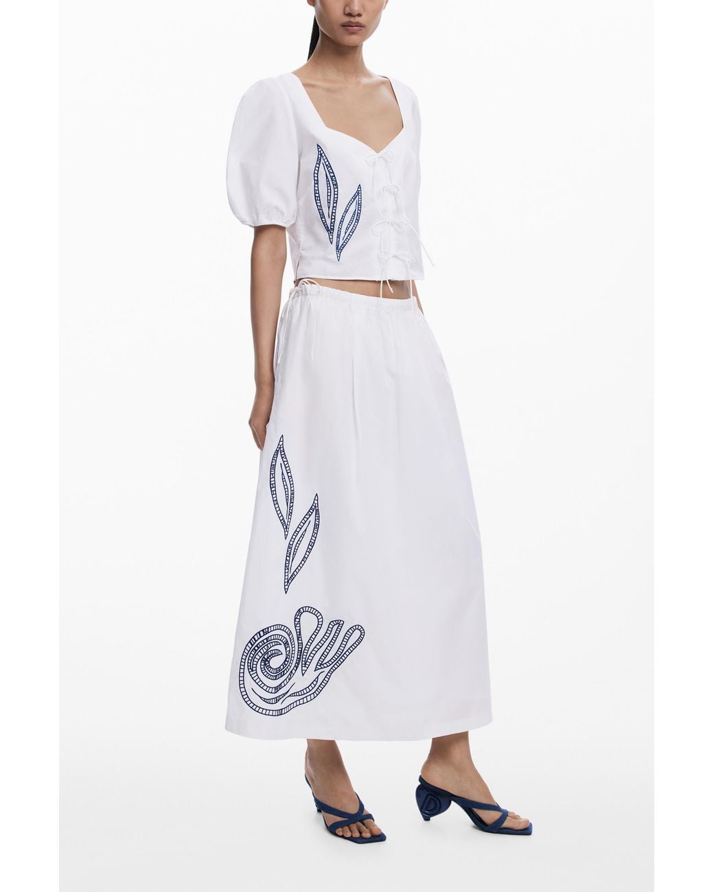 Desigual White Embroidered Puff-Sleeve Blouse, Cotton