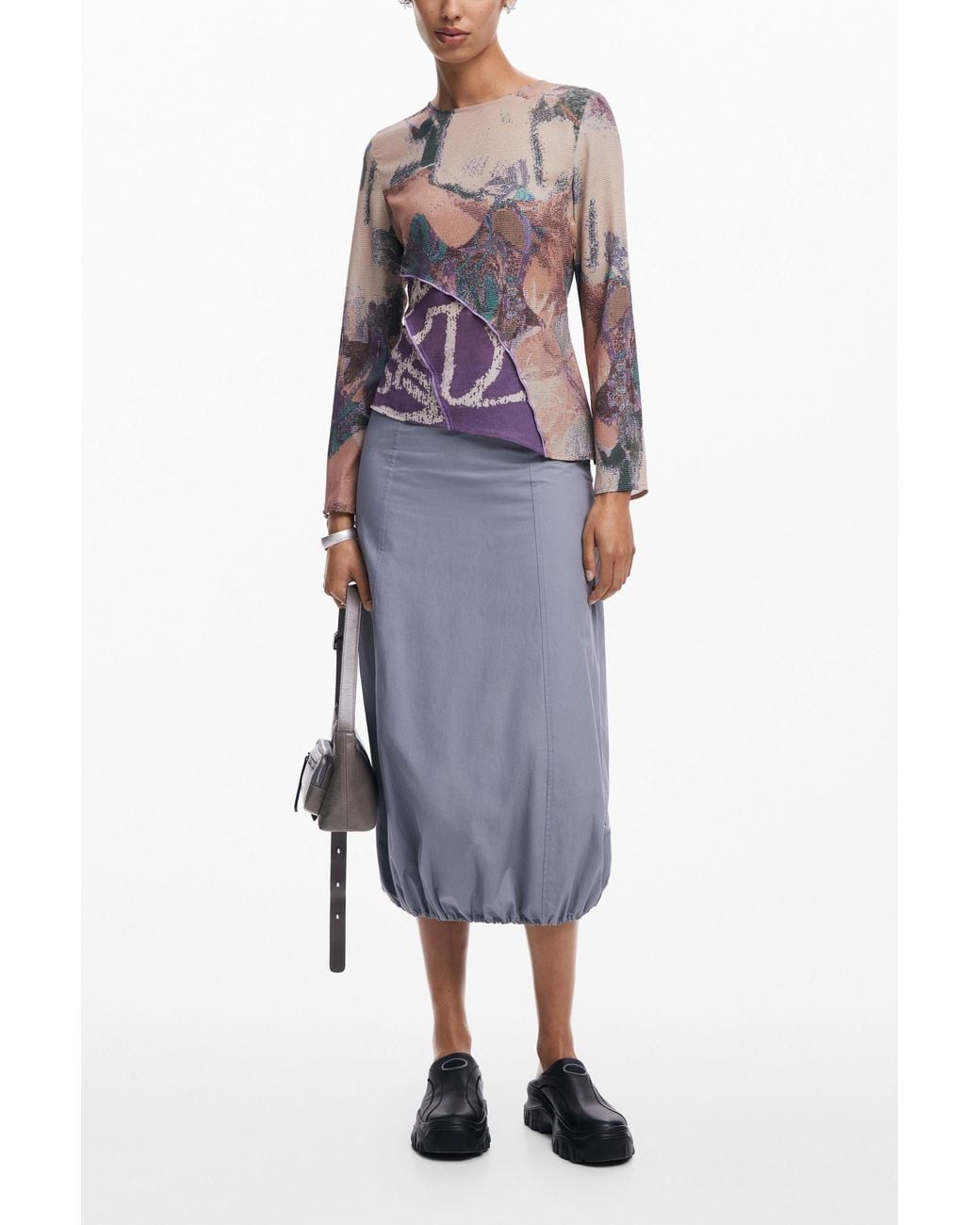 Desigual White Asymmetric Flared Sleeve Printed Top