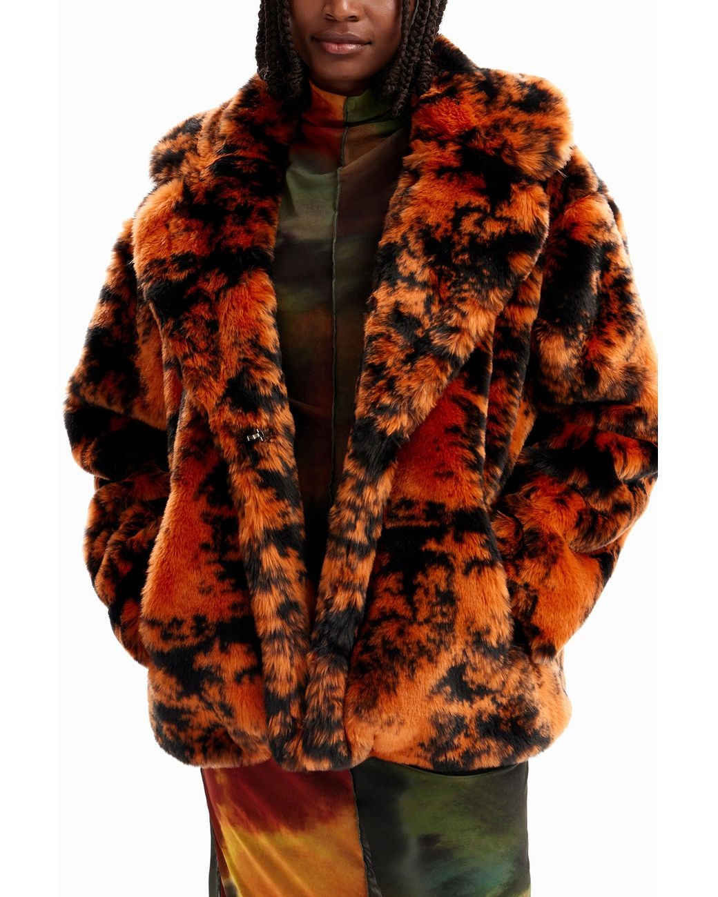 Desigual Orange Short Fur-Effect Double-Breasted Coat