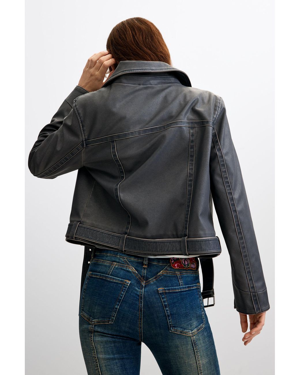 Desigual Blue Faux Leather Jacket With Fur Collar, Polyurethane