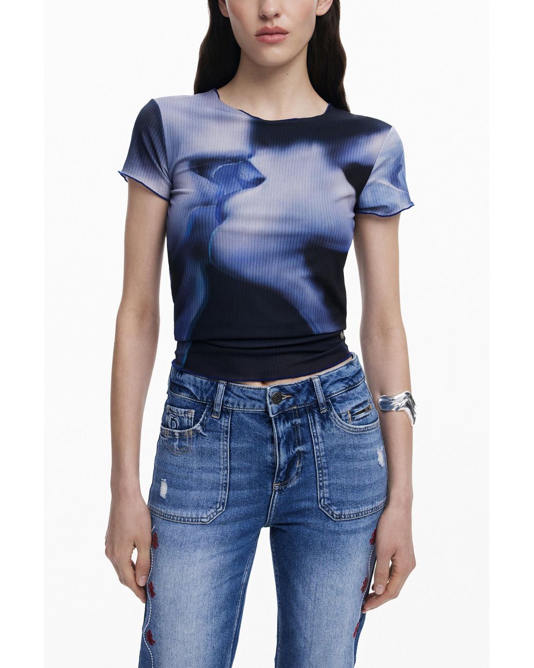Desigual Blue Straight Jeans With Border, Cotton