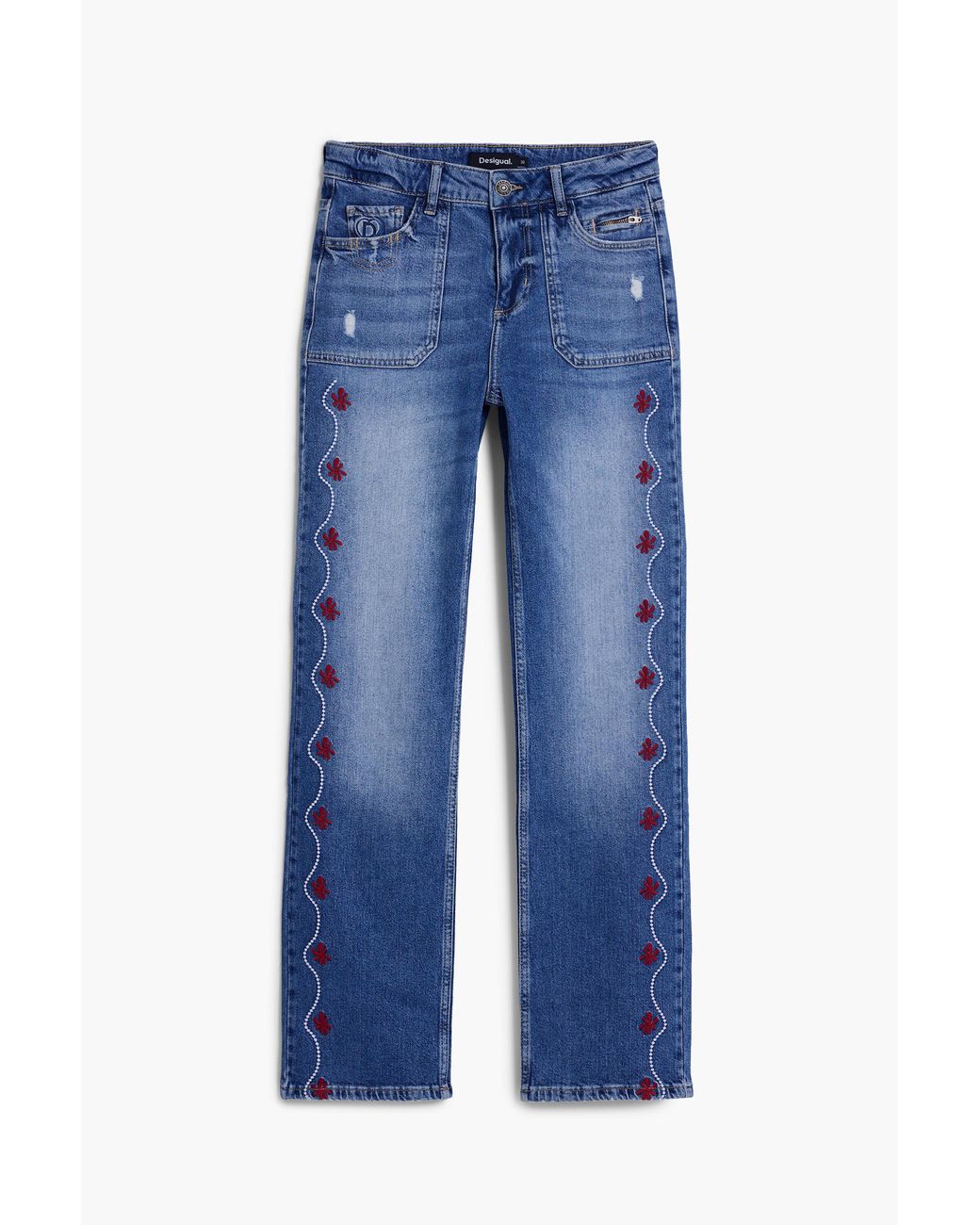 Desigual Blue Straight Jeans With Border, Cotton