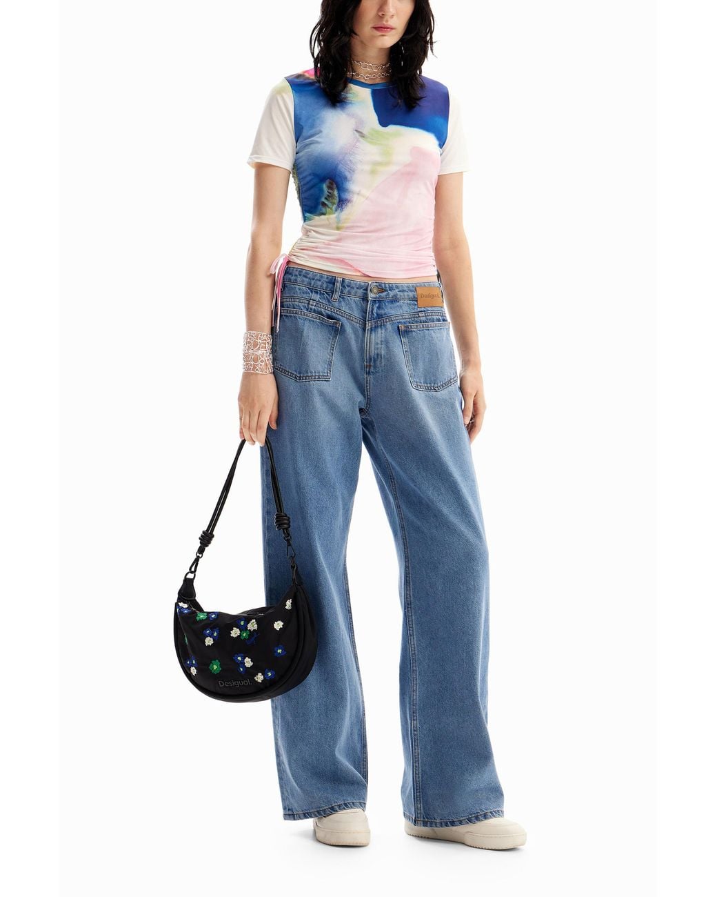 Desigual Blue Short Gathered Watercolour T-Shirt, Polyester