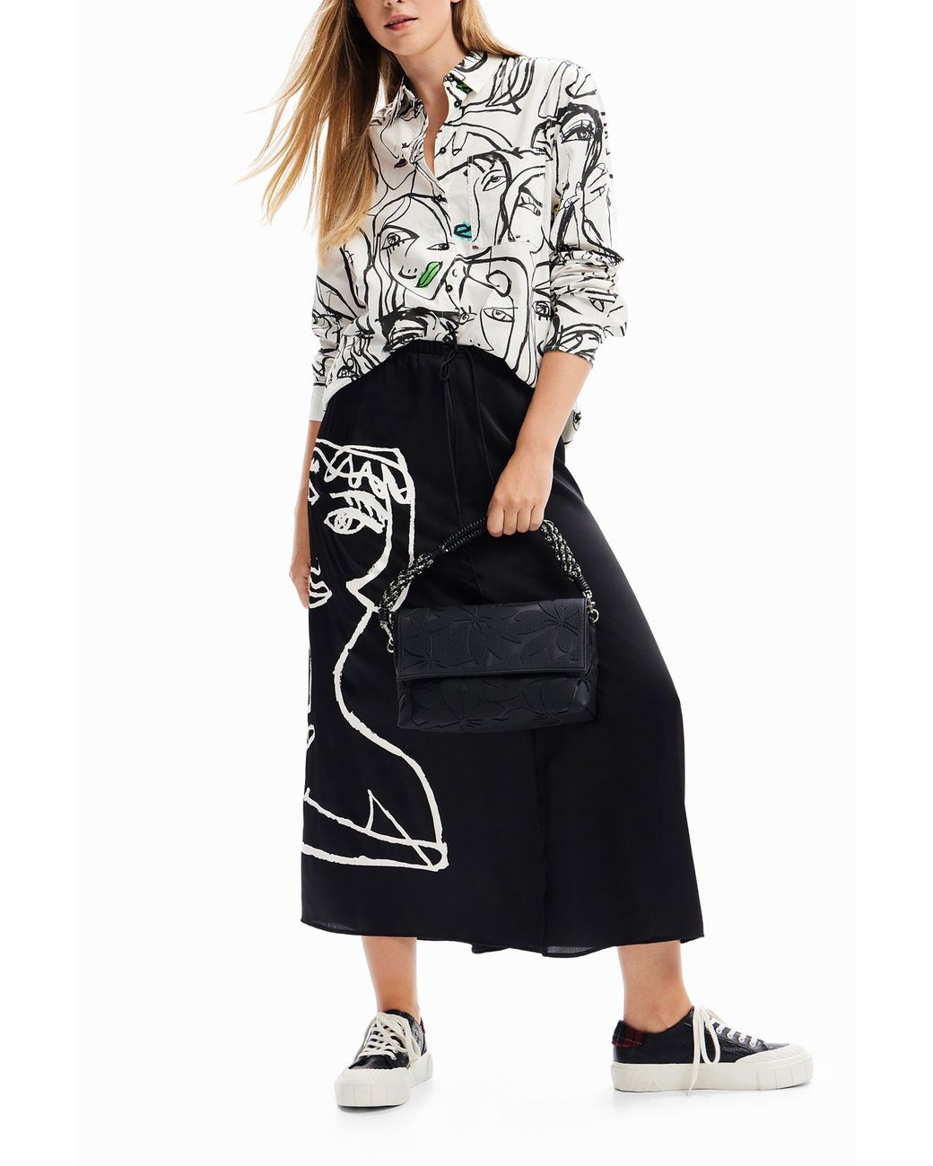 Desigual Black Arty Face Midi Skirt, Polyester