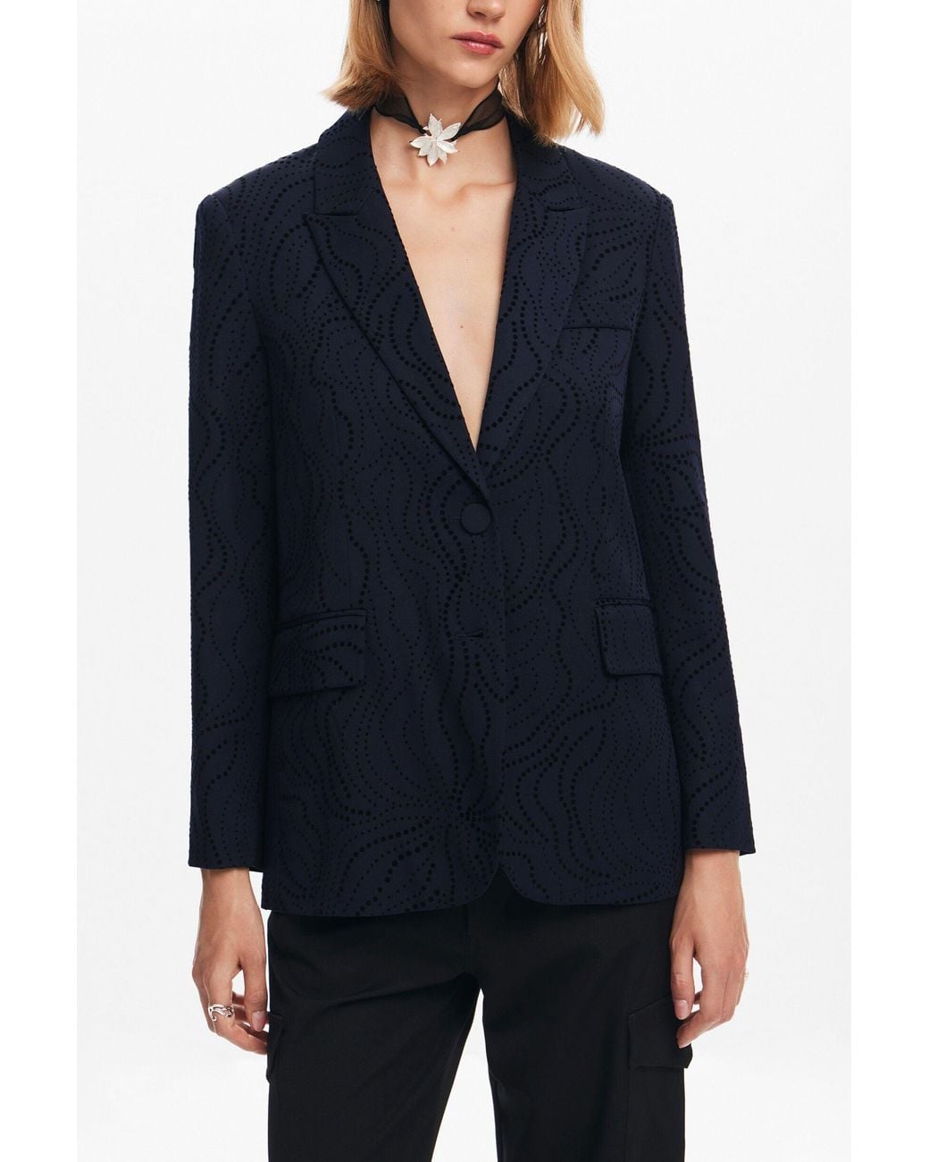 Desigual Blue Embroidered Floral Blazer