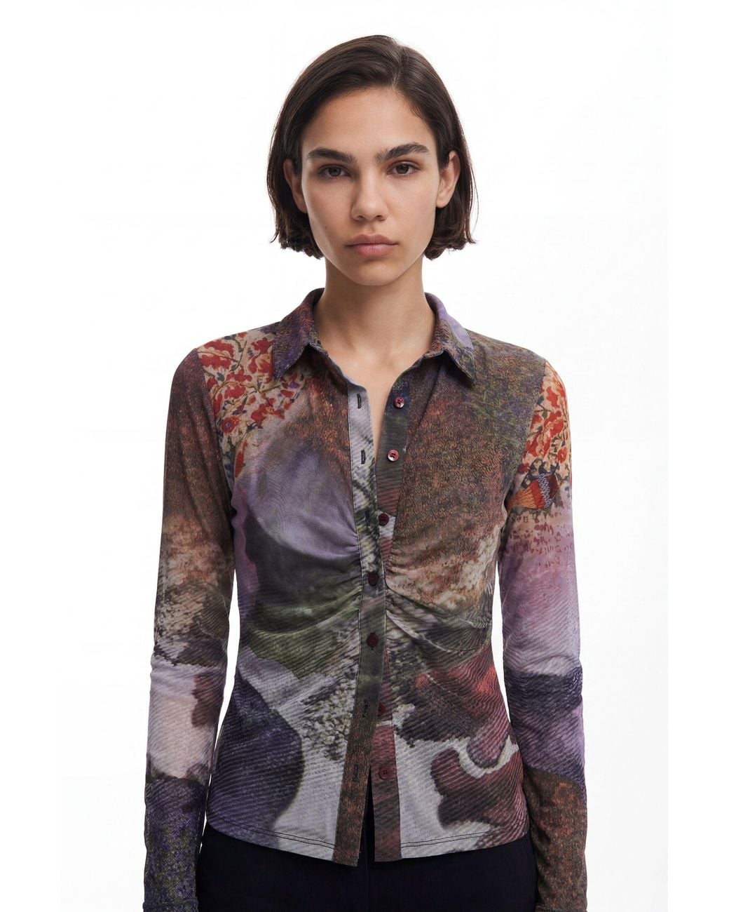 Desigual Blue Long-Sleeve T-Shirt Autumn Forest, Polyester