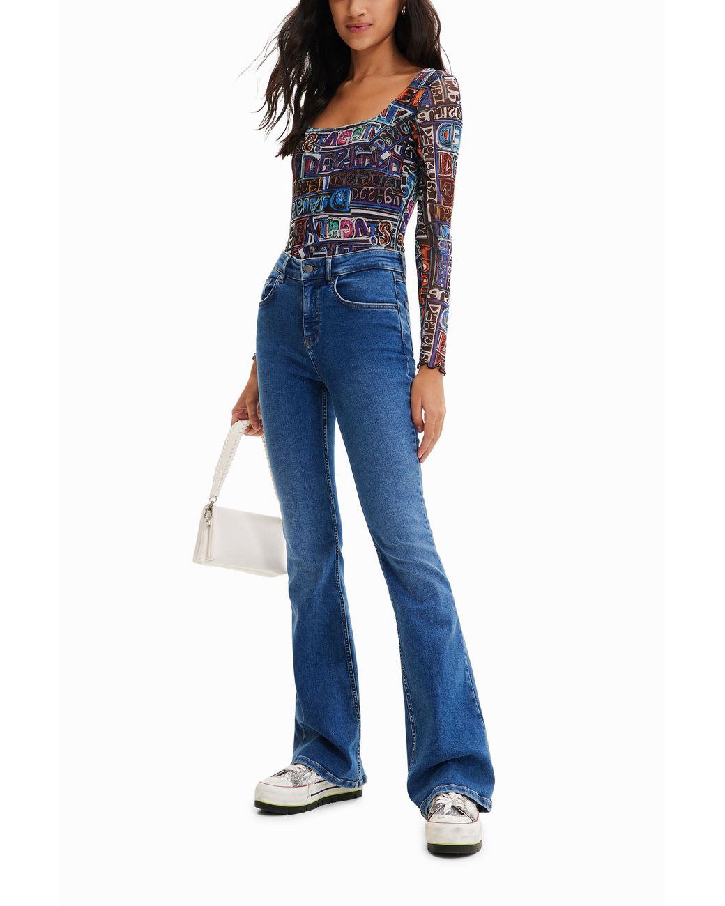 Desigual Blue Tulle Arty Logo Bodysuit, Polyester