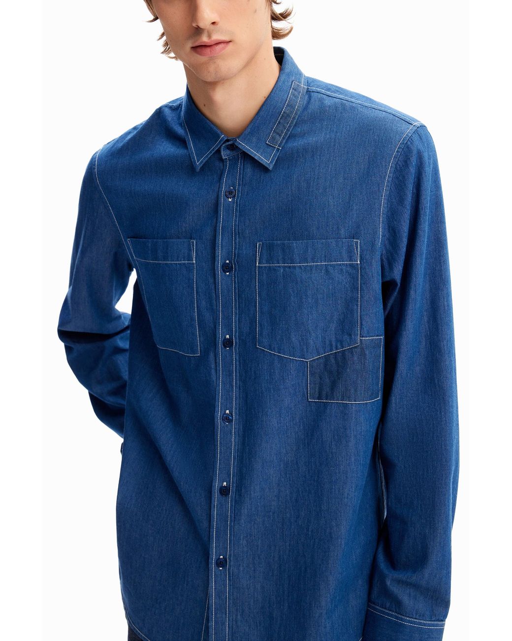 Desigual Blue Patchwork Pockets Shirt, Cotton for men