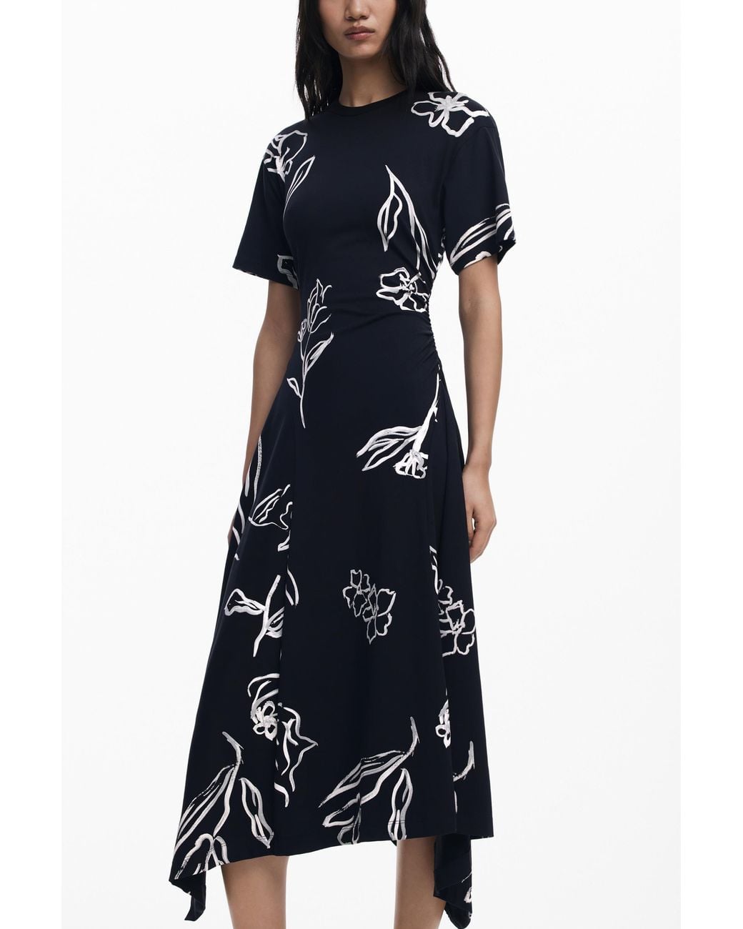 Desigual Black Asymmetric Dress With Floral Strokes, Cotton