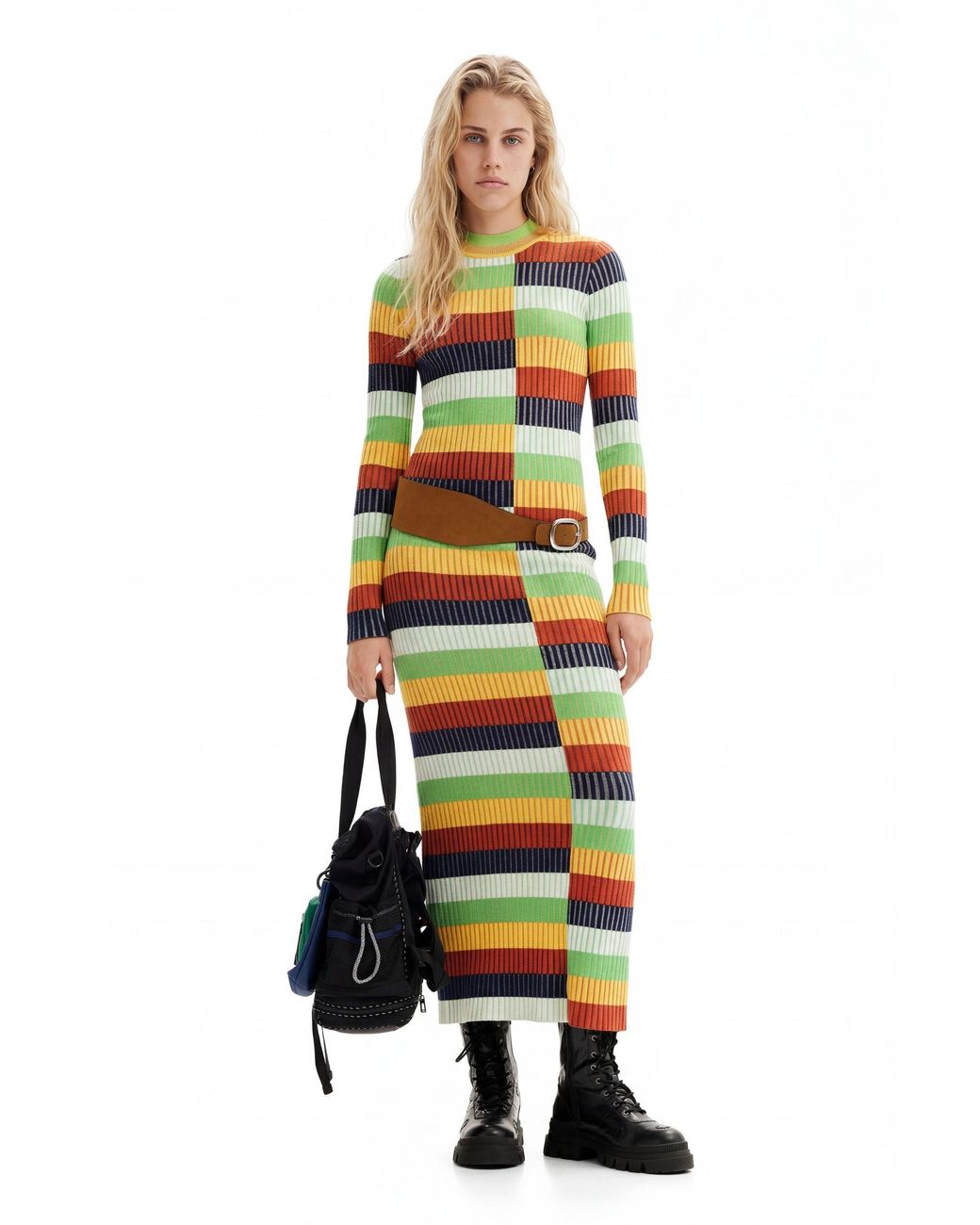Desigual White Striped Knit Midi Dress