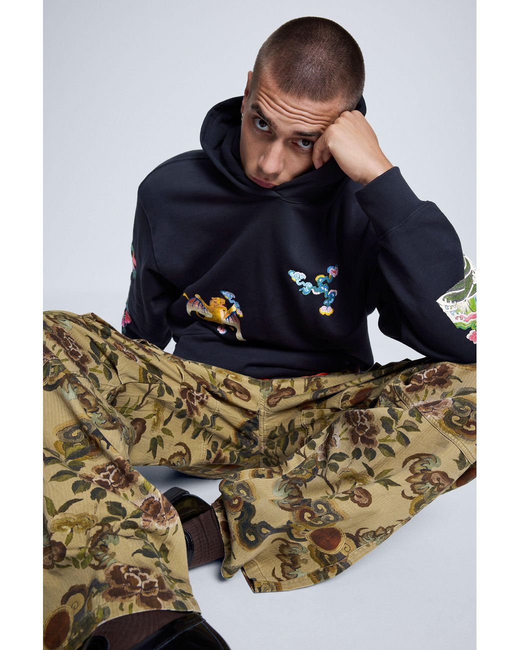 Desigual Blue Embroidered Hoodie, Cotton for men