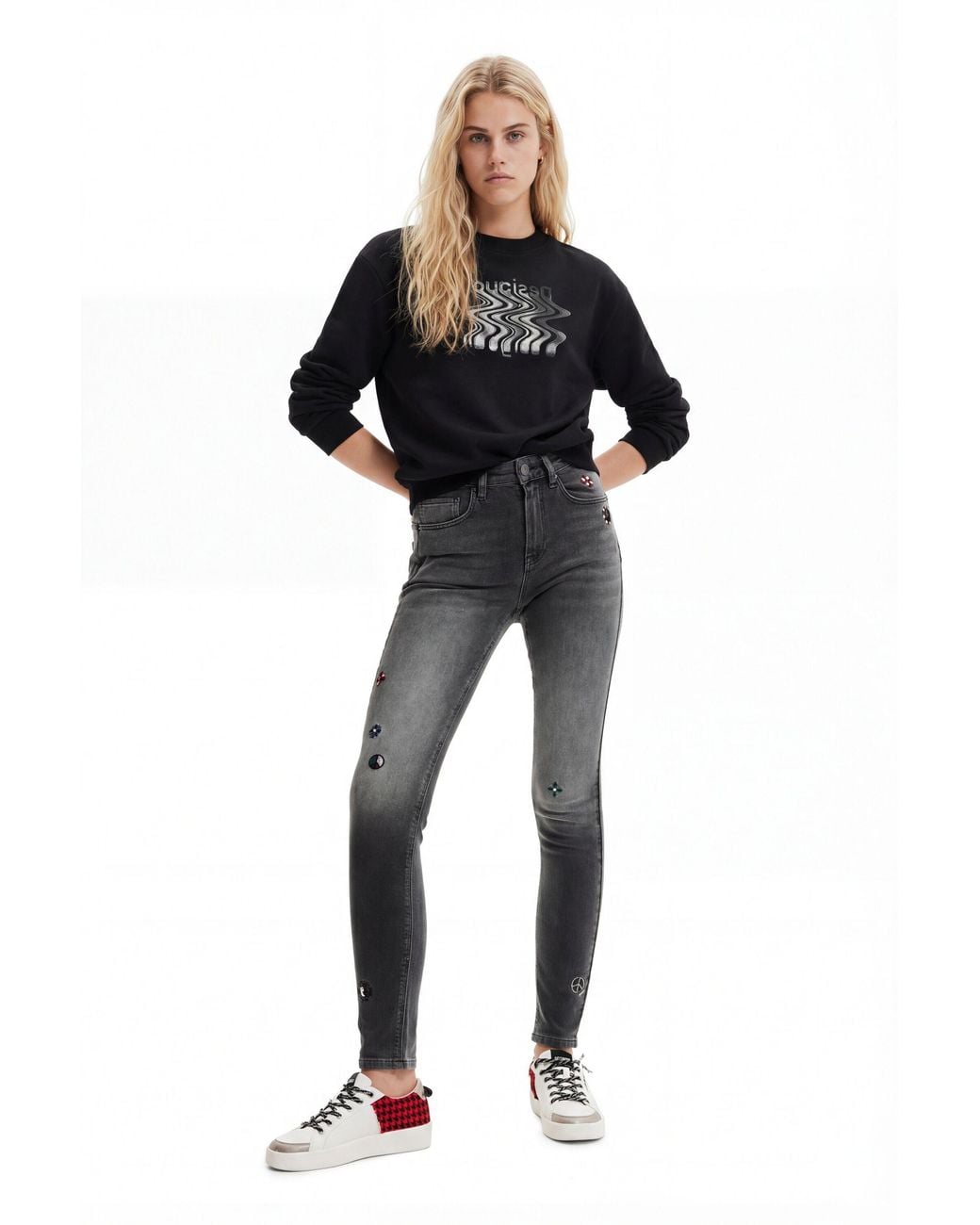 Desigual Gray Embroidered Skinny Push-Up Jeans, Cotton