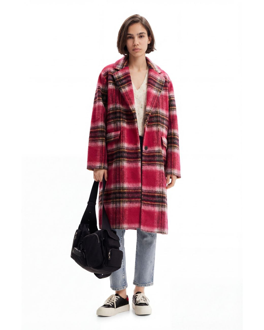 Desigual Red Plaid Wool Coat
