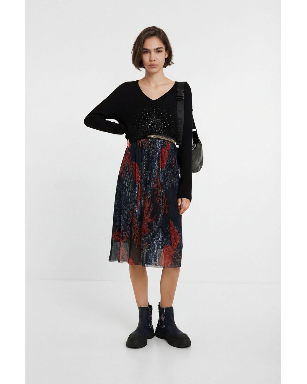 Desigual Black Floral Pleated Midi-Skirt, Polyester