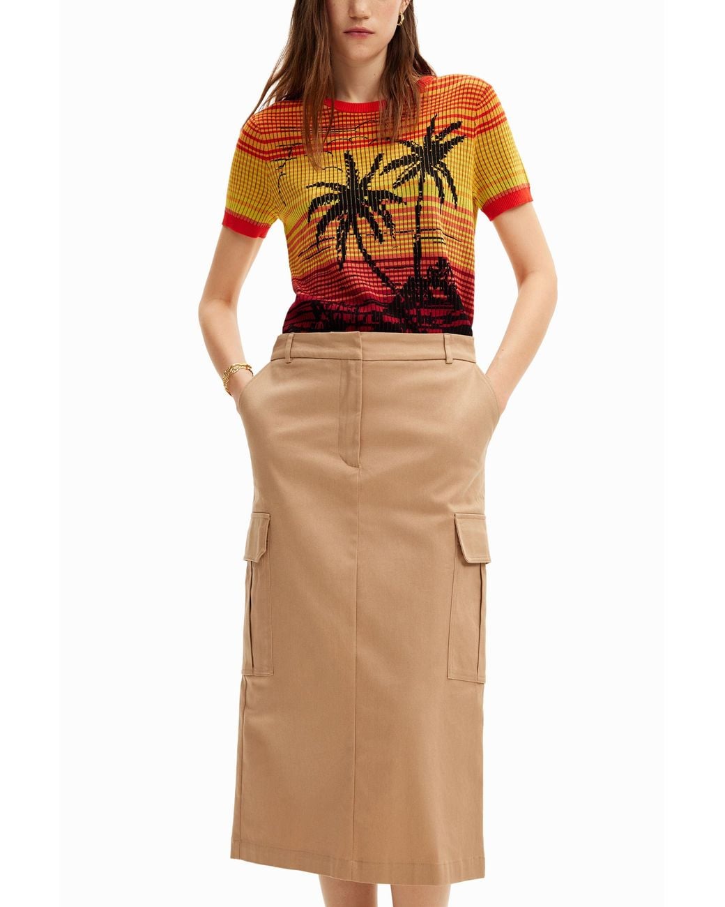 Desigual Natural Cargo Midi Skirt, Cotton