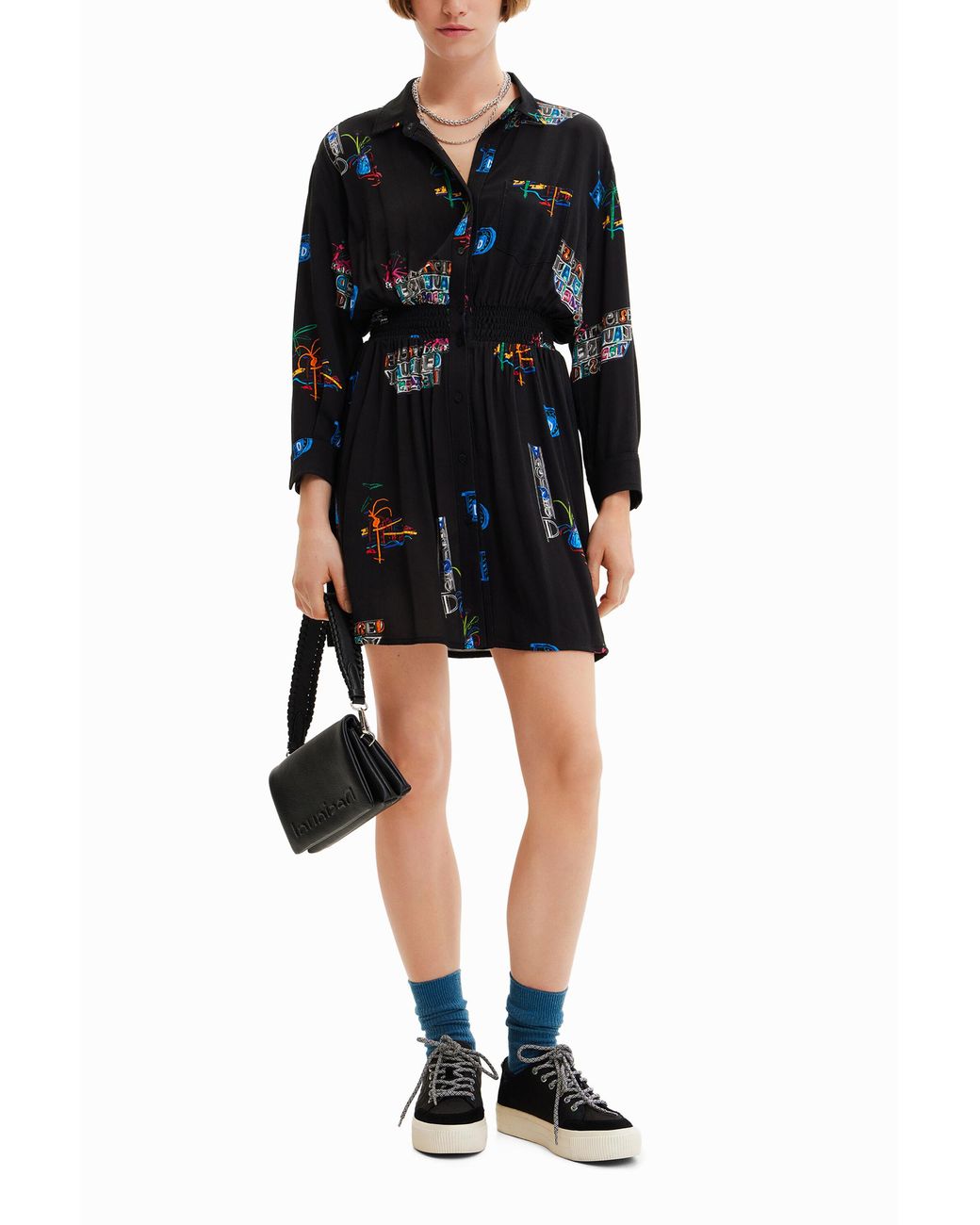 Desigual Black Short Illustration Shirt Dress, Viscose
