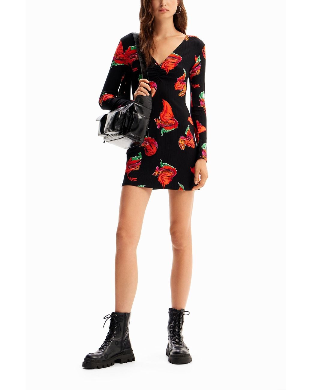 Desigual Red Ribbed Floral Mini Dress, Viscose