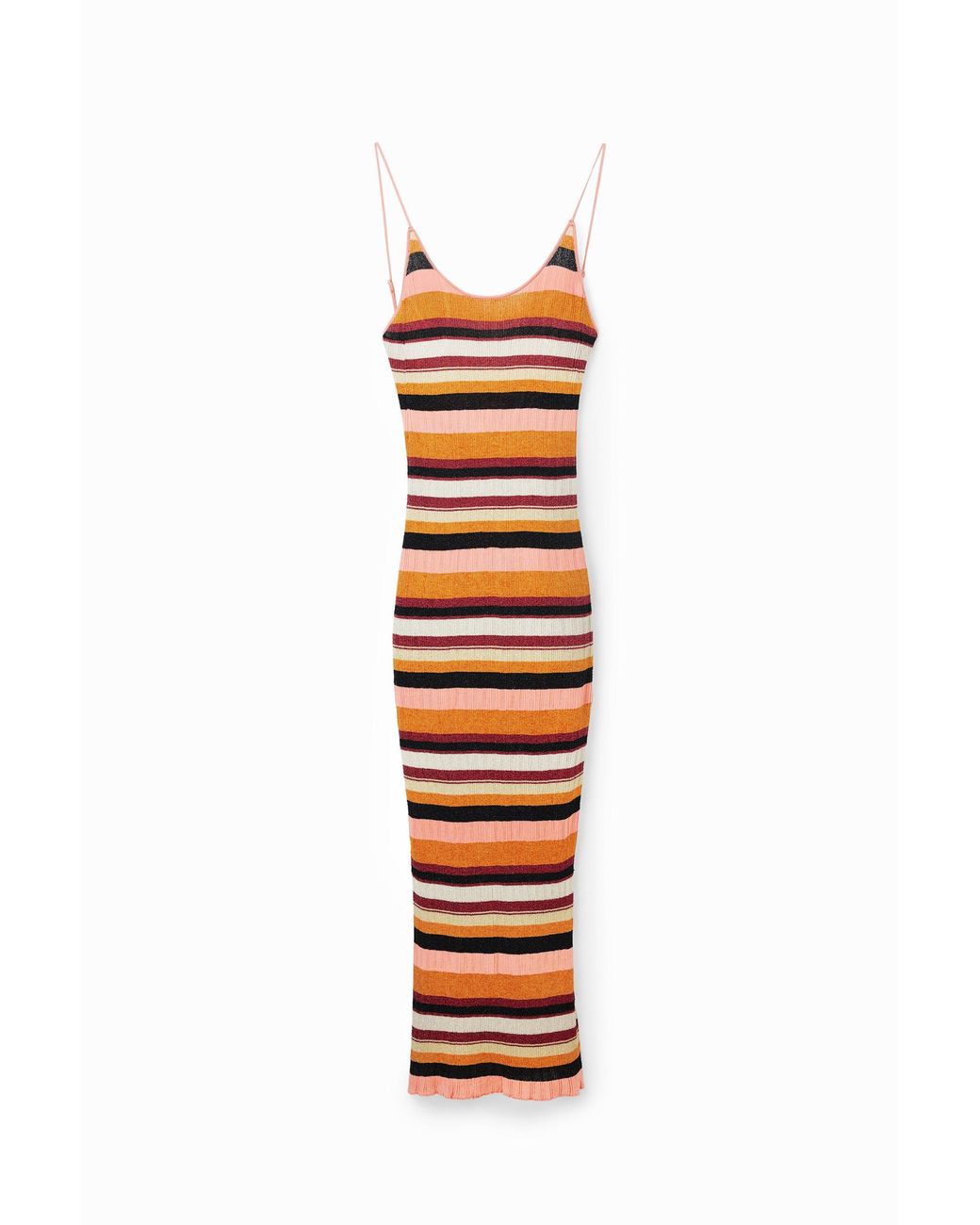 Desigual White Striped Ribbed Midi Dress