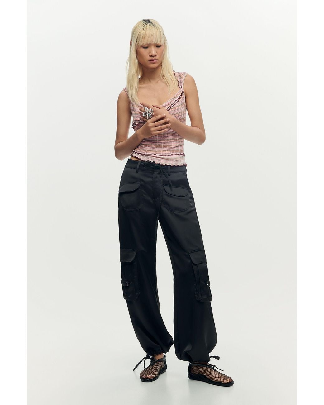 Desigual Black Satin Cargo Pants, Polyester