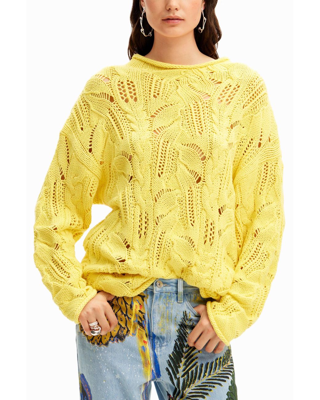 Desigual Yellow Oversize Openwork Pullover