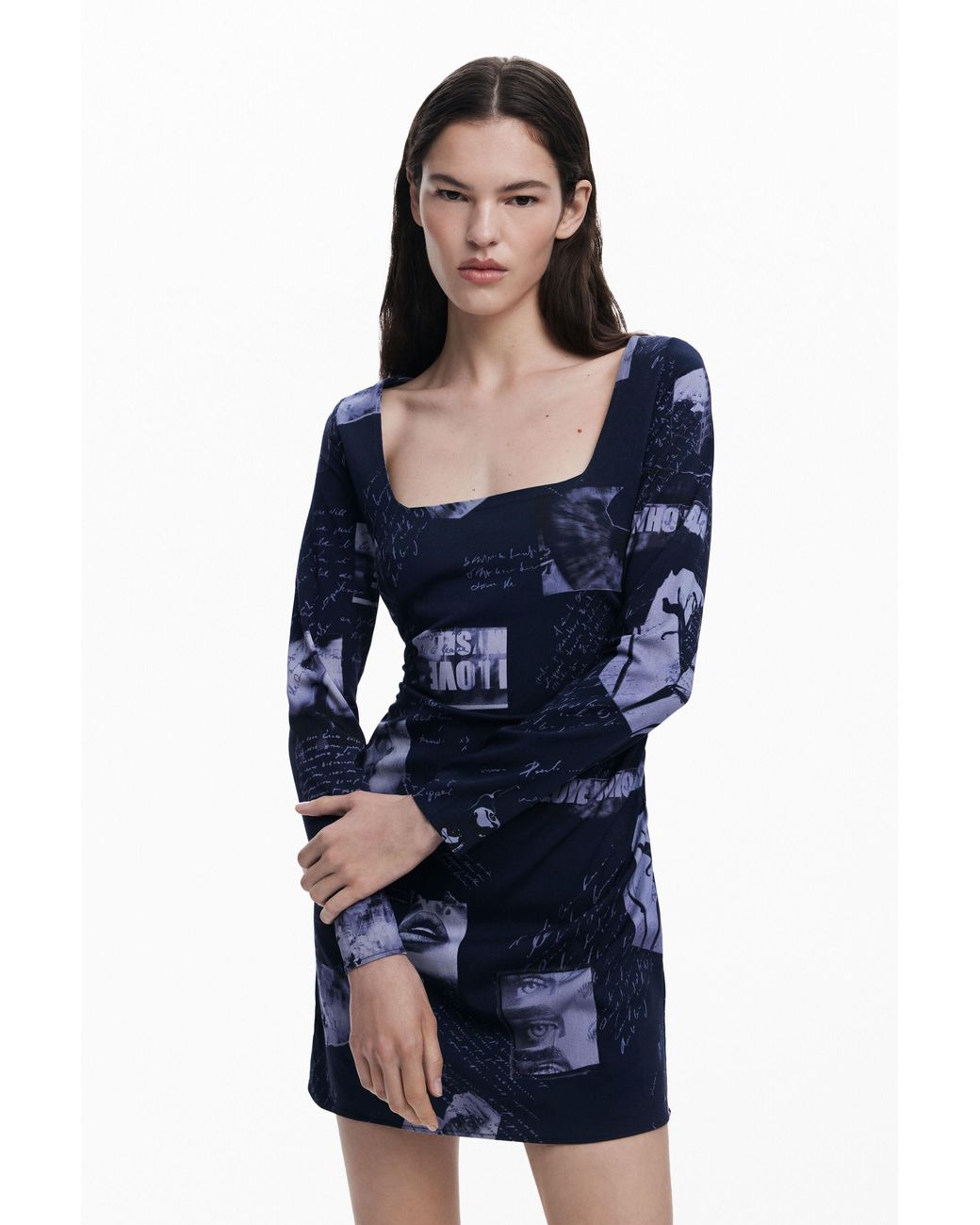 Desigual Blue Postcard Square Neck Dress, Viscose