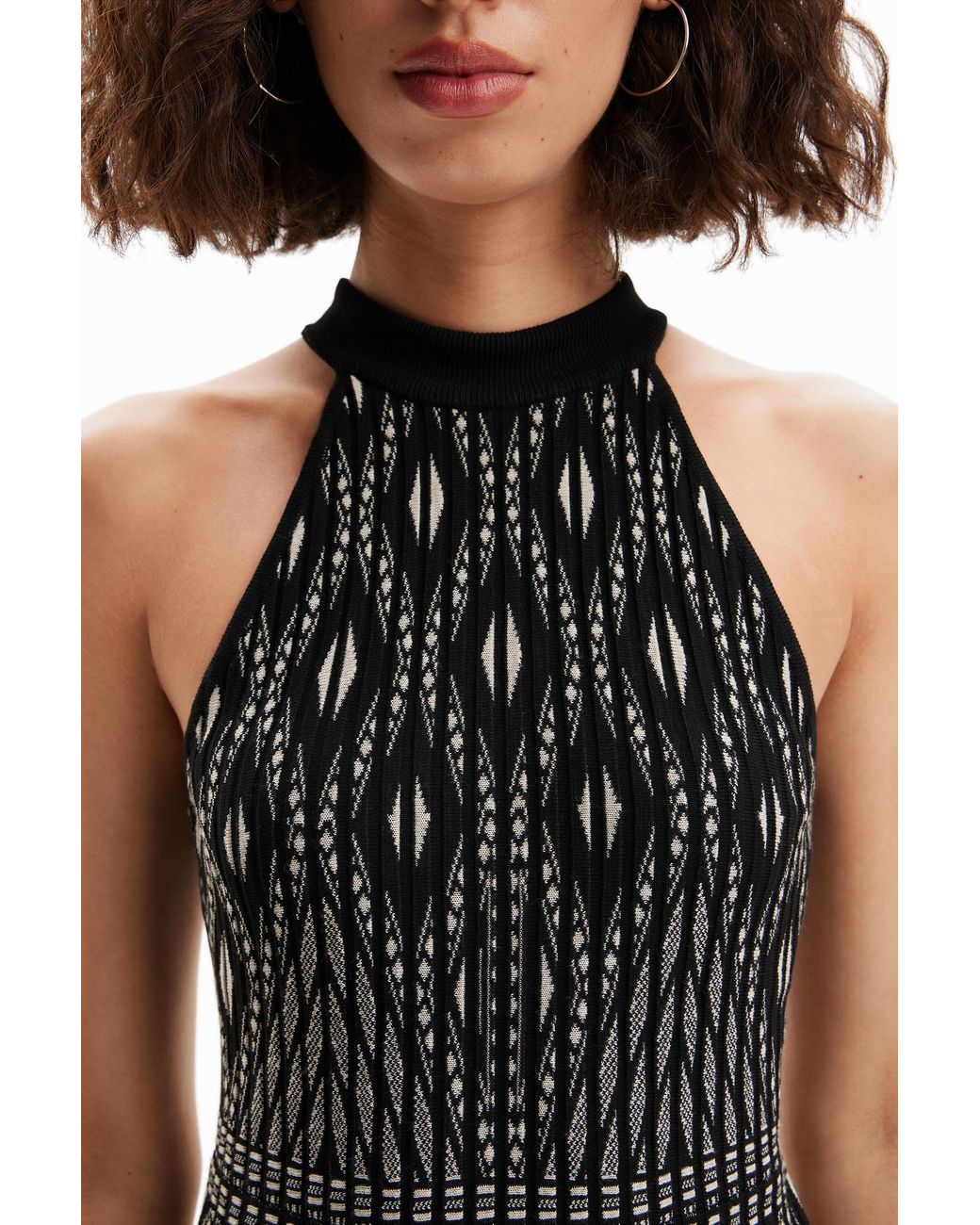 Desigual Black Short Geometric Knit Dress, Viscose