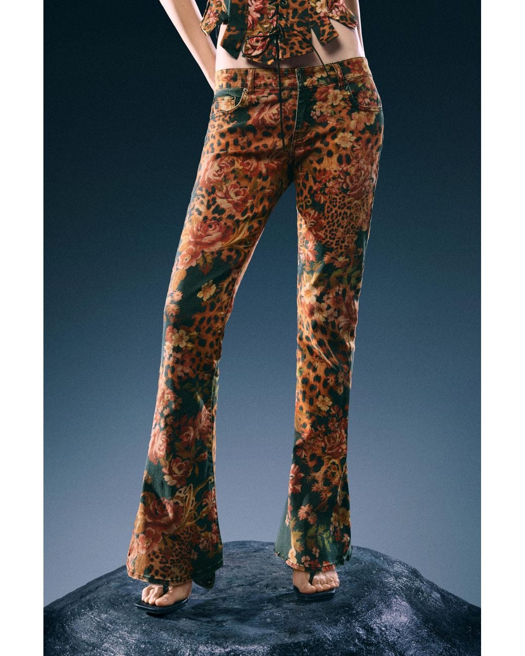 Desigual Blue Printed Flare Jeans, Cotton