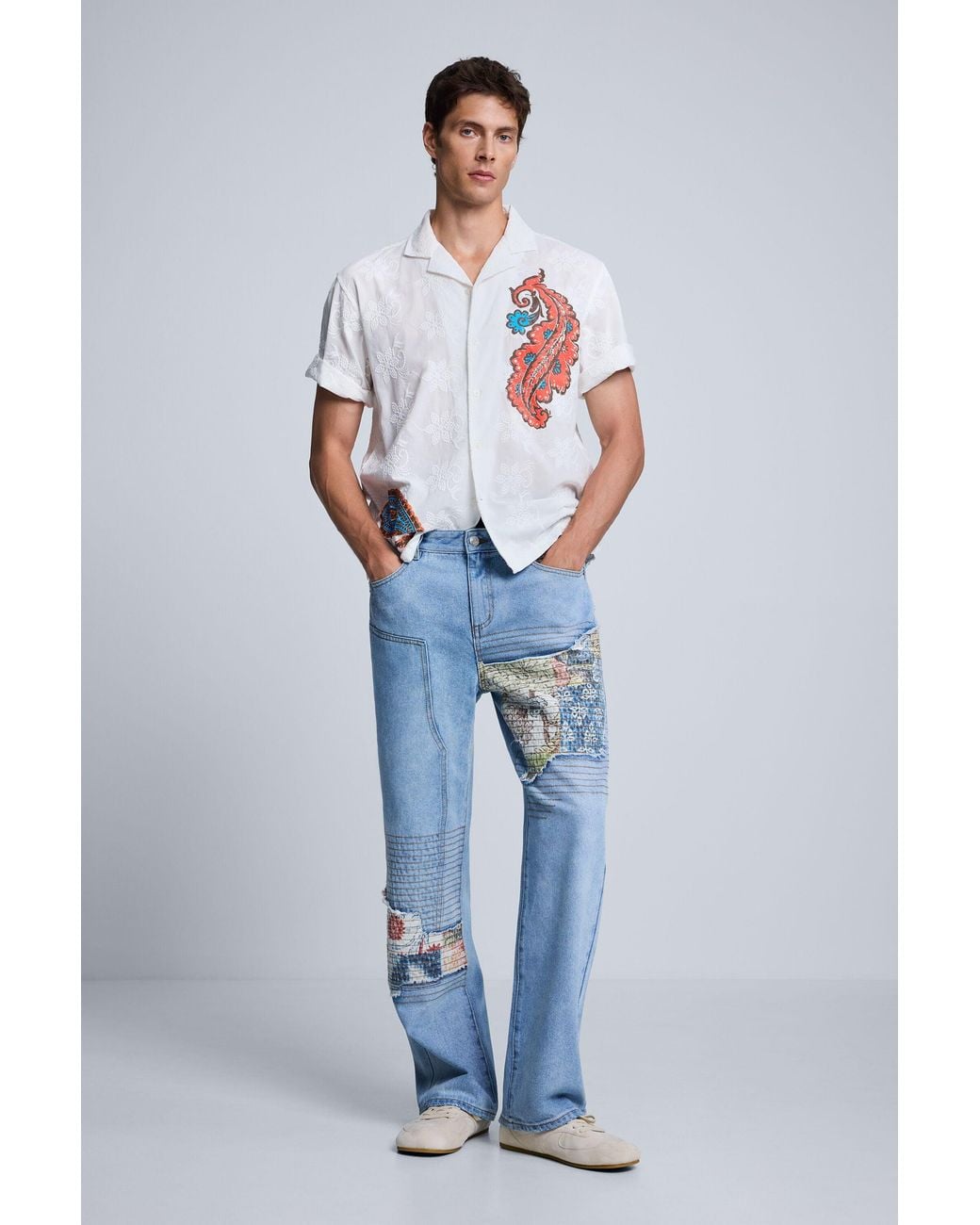 Desigual Blue Straight Printed Jeans, Cotton for men
