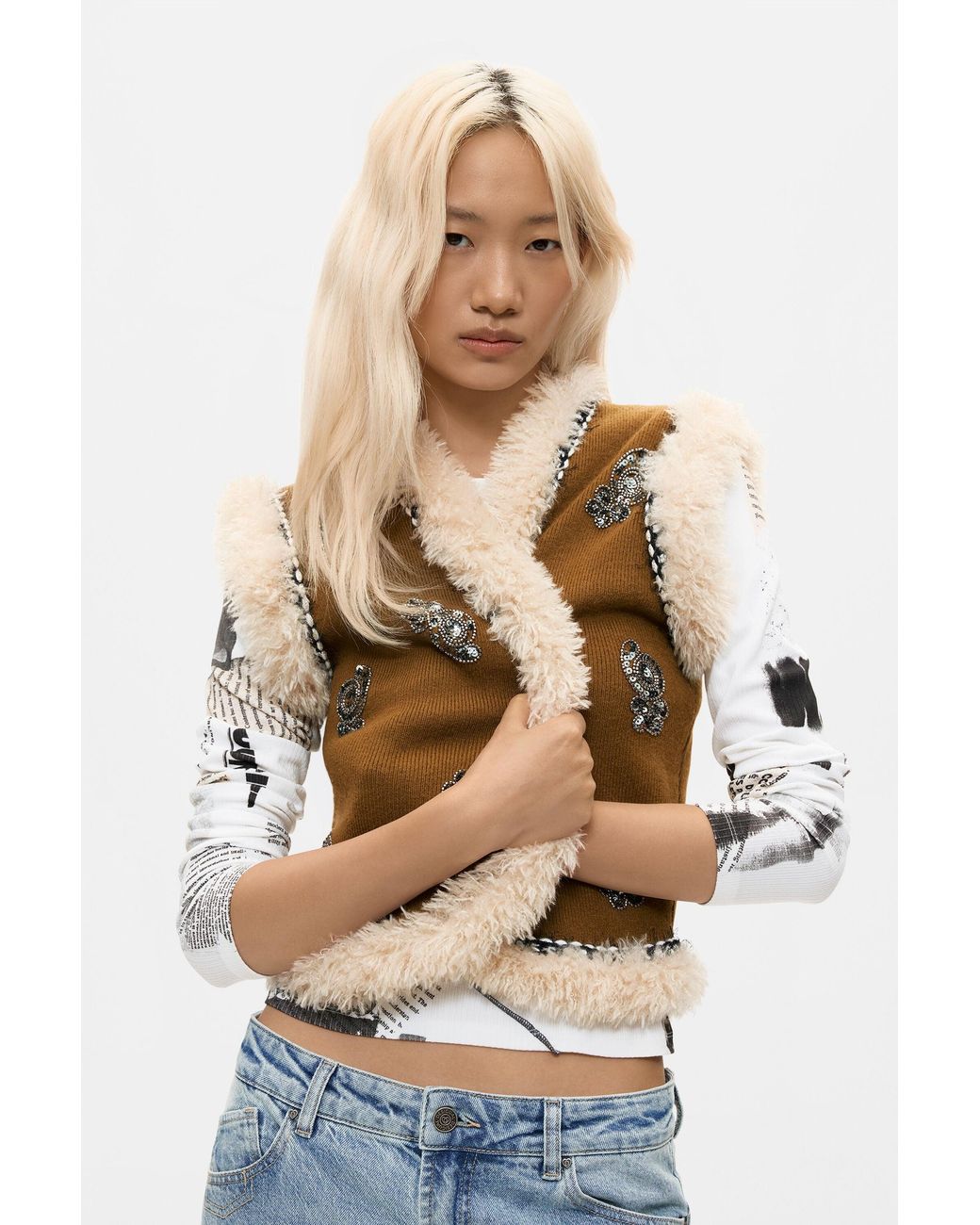 Desigual Blue Embroidered Fur Vest