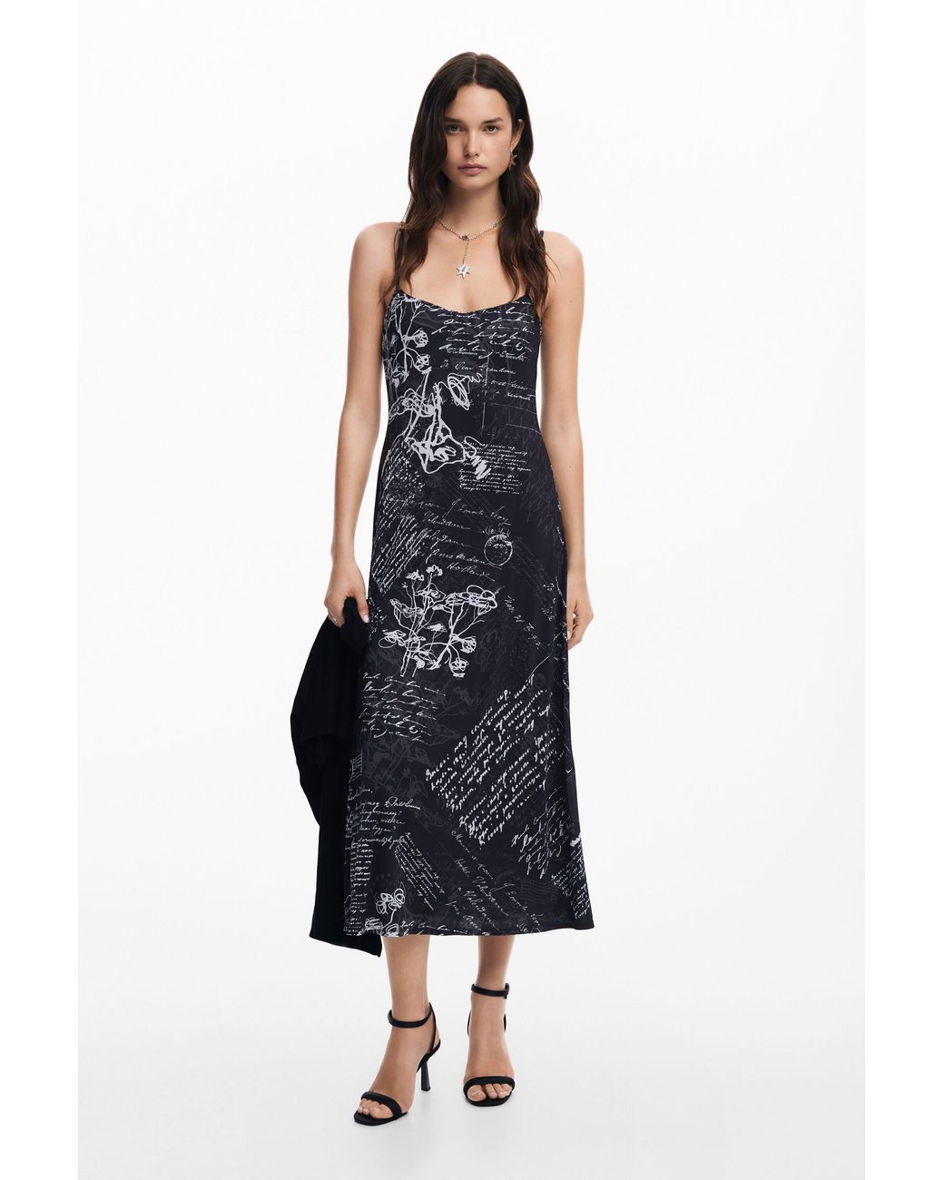 Desigual Black Floral Printed Pleated Midi Dress