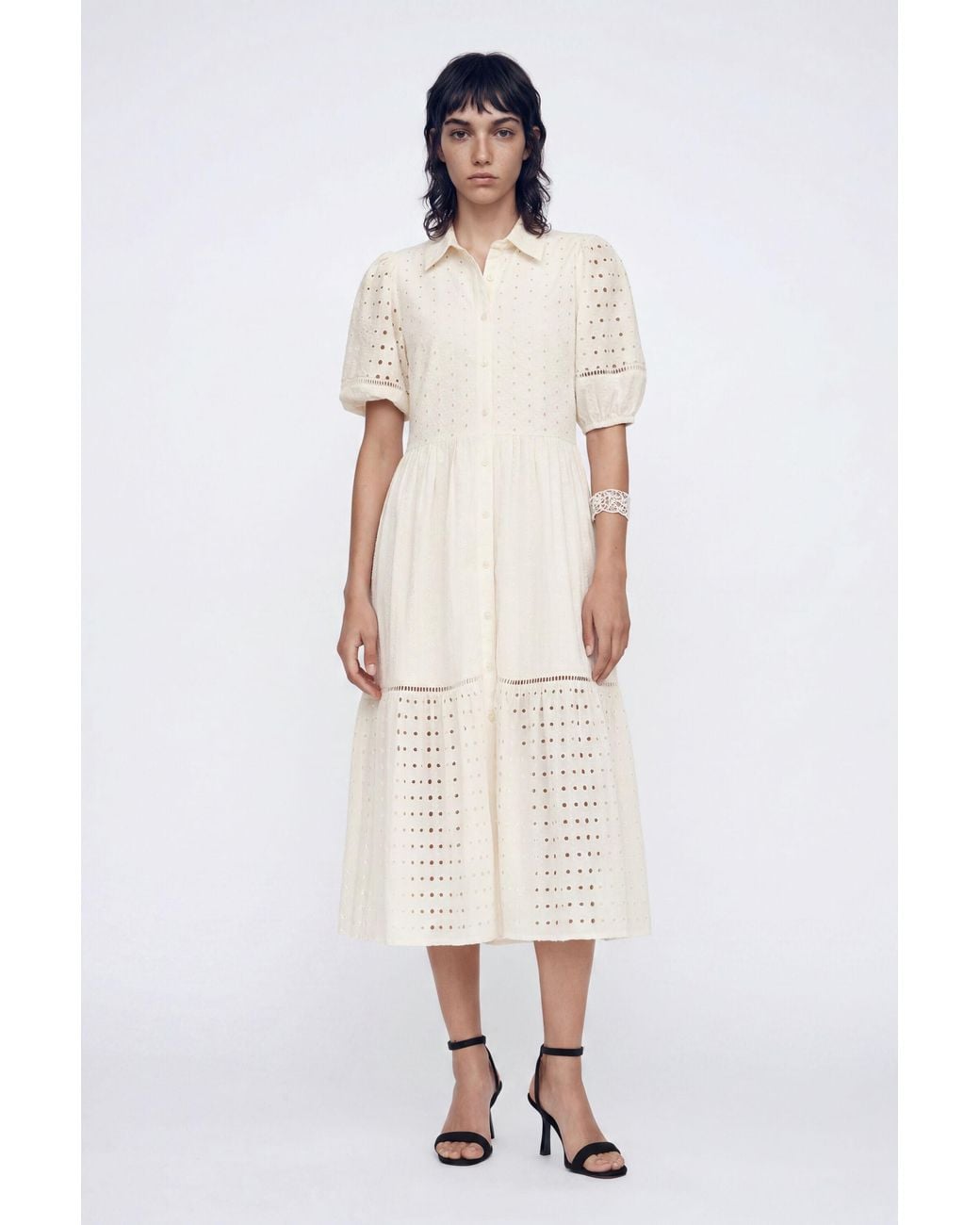 Desigual White Embroidered Midi Shirt Dress, Cotton