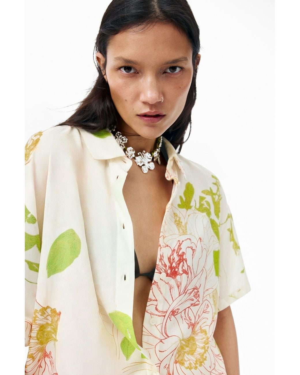 Desigual White Short-Sleeved Floral Shirt, Viscose