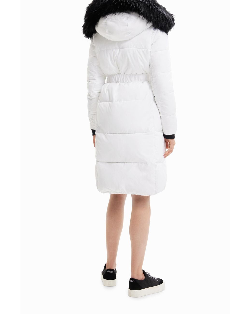 Desigual Black Long Padded Coat With Belt, Polyester