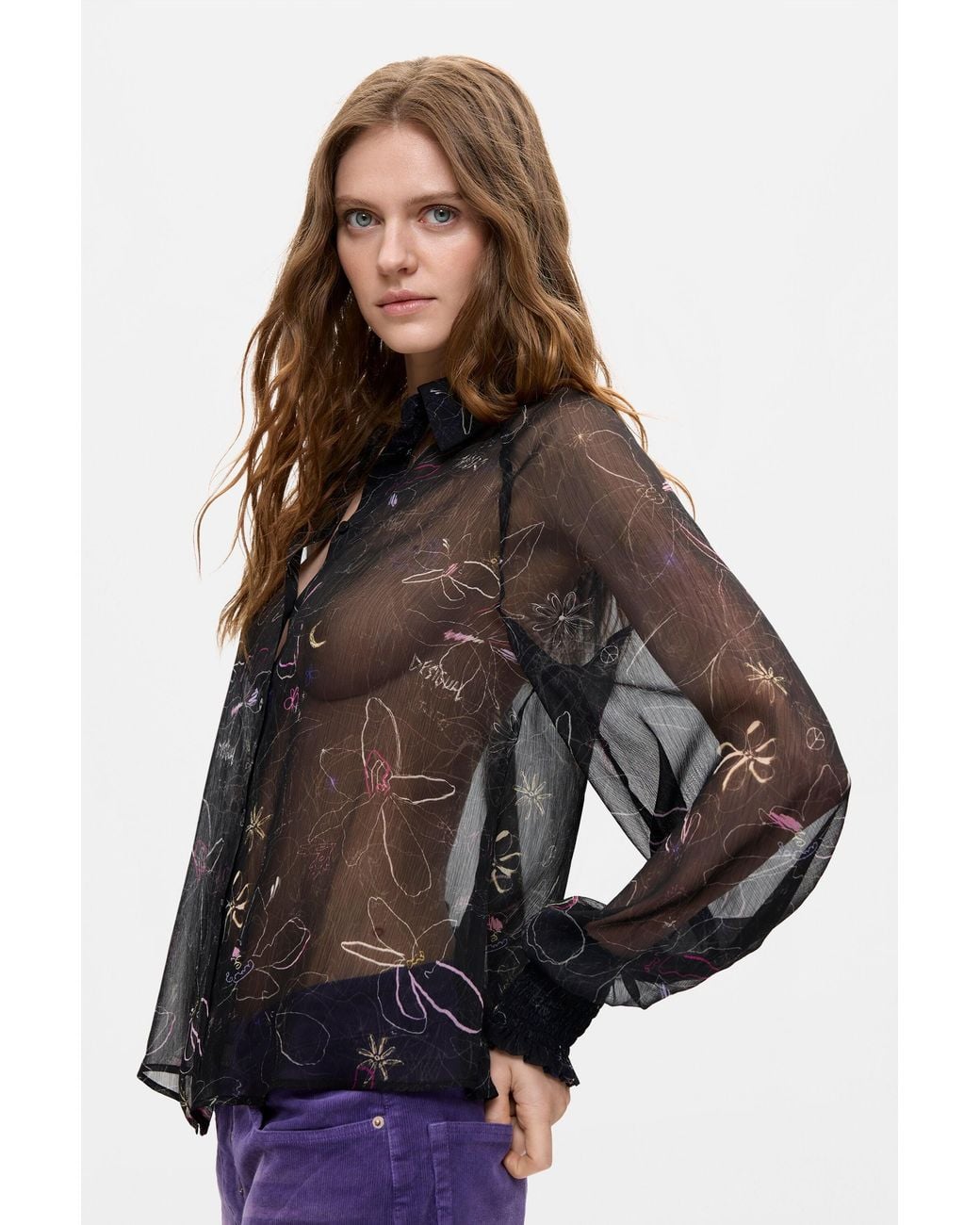 Desigual Black Sheer Floral Blouse, Polyester