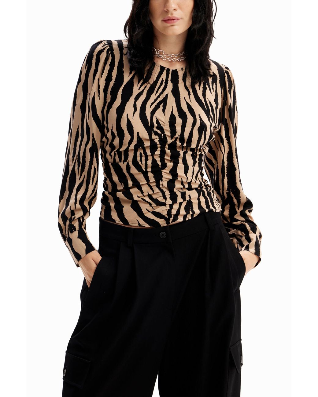 Desigual Black Zebra Ruched Blouse, Viscose