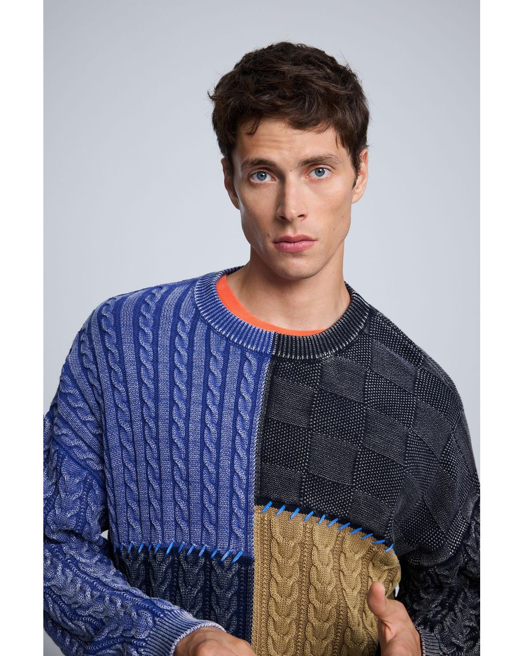Desigual Blue Patchwork Sweater, Cotton for men